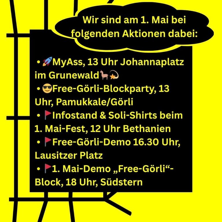 Gelbe Grafik: „Wir sind am 1. Mai bei folgenden Aktionen dabei“ mit Liste von Kundgebungen und Demos.