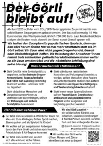 Deutscher Informationsflyer „Der Görli bleibt auf!“ mit Argumenten gegen den geplanten Zaun und Forderungen nach sozialen Lösungen für den Görlitzer Park