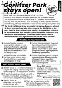 Englischsprachiger Flyer „Görlitzer Park stays open!“ mit Argumenten gegen Zaun und nächtliche Schließung.