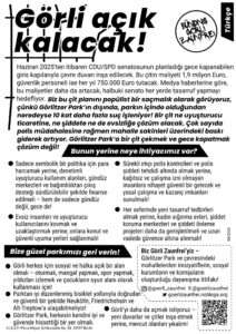 Türkischsprachiger Flyer „Görli açık kalacak!“ des Bündnisses Görli Zaunfrei mit Forderungen gegen den geplanten Zaun.