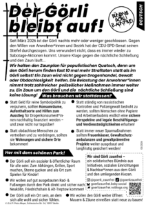 Flyer „Der Görli bleibt auf!“ des Bündnisses Görli Zaunfrei: Infos zur nächtlichen Schließung seit März 2026 und Forderungen nach sozialen statt repressiven Lösungen.