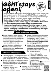 Englischer Informationsflyer „Görli stays open!“ mit Argumenten gegen den Zaun und Forderungen nach sozialen Lösungen für den Görlitzer Park