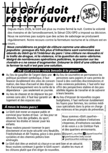 Französischer Flyer 'Le Görli doit rester ouvert!', aktualisierte Version zur nächtlichen Schließung seit März 2026
