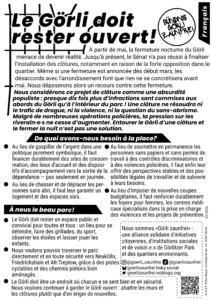 Französischsprachiger Flyer „Le Görli doit rester ouvert!“ mit Argumenten gegen die geplante nächtliche Schließung des Parks durch einen Zaun.