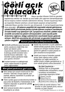 Türkischsprachiger Flyer „Görli açık kalacak!“ des Bündnisses Görli Zaunfrei zu nächtlicher Parkschließung und Zaunplänen, mit Forderungen nach sozialen statt repressiven Lösungen.