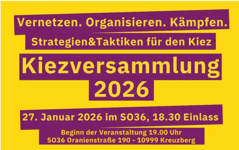 Plakat „Kiezversammlung 2026 – Vernetzen. Organisieren. Kämpfen. Strategien & Taktiken für den Kiez“, 27. Januar 2026 im SO36, Oranienstraße 190.