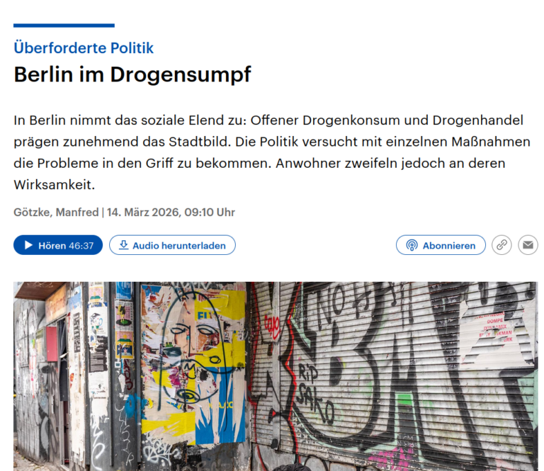 Screenshot eines Artikels „Berlin im Drogensumpf – Überforderte Politik“ mit Foto einer beklebten Rollladen-Fassade.