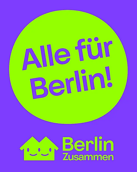 Grafik „Alle für Berlin!“ in grüner Sprechblase auf lila Hintergrund mit Logo von Berlin Zusammen.