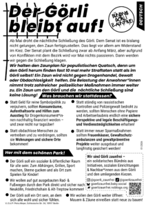 Deutschsprachiger Flyer „Der Görli bleibt auf!“ des Bündnisses Görli Zaunfrei mit Informationen zur drohenden nächtlichen Schließung und den Forderungen.