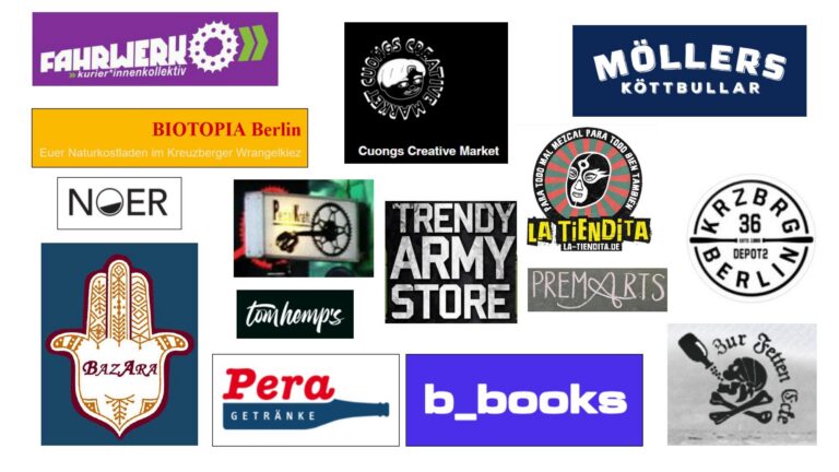 Logo-Collage von Unterstützer*innen und Läden im Kiez, u.a. Fahrwerk, Biotopia, Möllers, Noer, b_books, Bazara