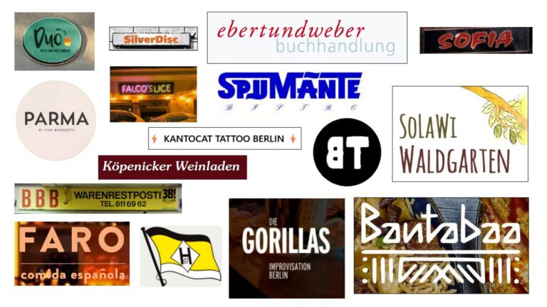 Collage aus Logos zahlreicher Kiezläden und -gastronomien rund um den Görli, u. a. Duo, Ebert und Weber, Falco's Lice, Spumante und Bantabaa.