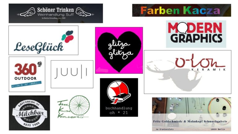 Collage verschiedener Firmen- und Geschäftslogos, u. a. Weinhandlung, Buchhandlung, Keramik- und Schmuckgalerie, als Tombola-Sponsoren.