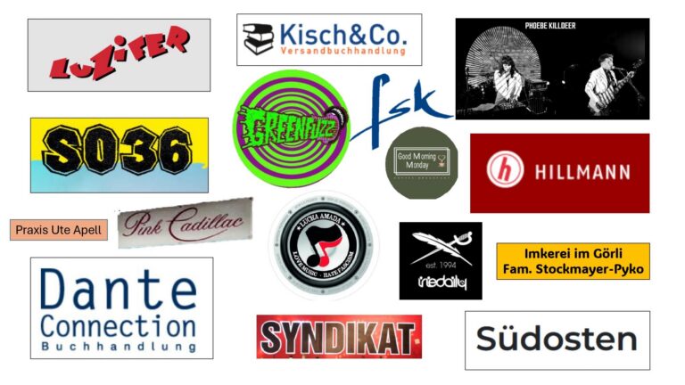 Collage aus Logos unterstützender Läden und Initiativen, u. a. SO36, Syndikat, Dante Connection, Hillmann und Imkerei im Görli.