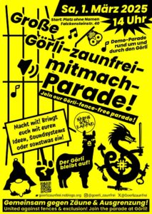 Gelbes Plakat „Große Görli-zaunfrei-mitmach-Parade!“, Sa. 1. März 2025, 14 Uhr, Start Platz ohne Namen, mit Illustrationen von Zwerg, Lama und Drache.