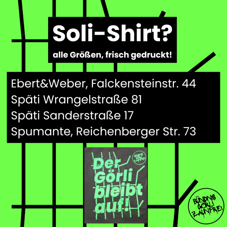 Flyer 'Soli-Shirt? alle Größen, frisch gedruckt!' mit Verkaufsstellen: Ebert&Weber, Späti Wrangelstraße, Späti Sanderstraße, Spumante