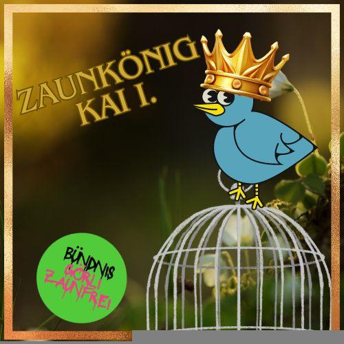 Illustration eines gekrönten blauen Vogels auf einem Vogelkäfig mit dem Titel „Zaunkönig Kai I.“