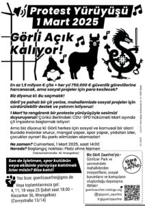 Türkischsprachiger Flyer 'Protest Yürüyüşü 1 Mart 2025 – Görli Açık Kalıyor!' mit Illustrationen von Wichtel, Lama und Drache