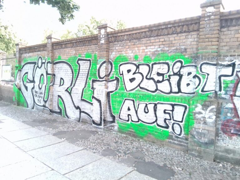 Backsteinmauer mit großem Graffiti-Schriftzug „Görli bleibt auf!“ in Weiß auf grünem Untergrund.