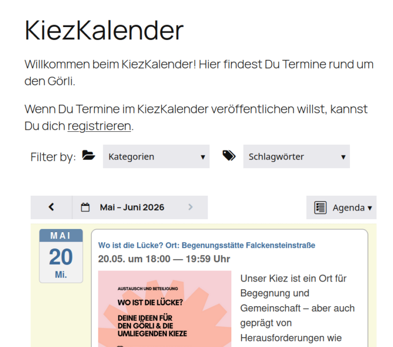 Screenshot der Website „KiezKalender“ mit Terminübersicht und Kalendereintrag „Wo ist die Lücke?“ am 20. Mai.