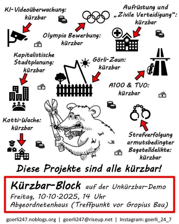 Illustrierter Flyer „Kürzbar-Block“: Liste kürzbarer Ausgaben wie Görli-Zaun, Olympia-Bewerbung und Kotti-Wache, Demo am 10.10.2025 vorm Abgeordnetenhaus