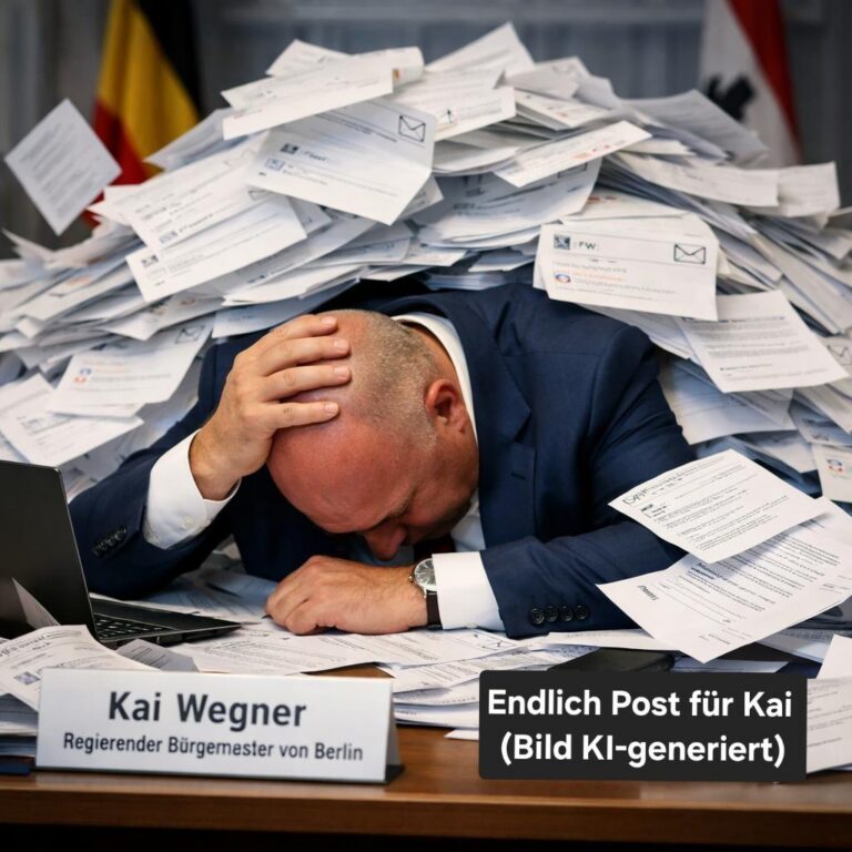 KI-generiertes Bild: Regierender Bürgermeister Kai Wegner sitzt erschöpft unter einem riesigen Berg von Briefen begraben, Bildunterschrift „Endlich Post für Kai“.