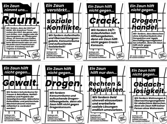 Acht Plakatmotive der Kampagne „Ein Zaun hilft nicht gegen…“ zu Themen wie Crack, Gewalt, Drogenhandel, Obdachlosigkeit und Populismus