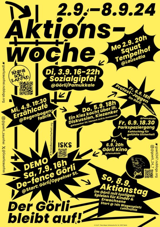 Plakat „Aktionswoche“ 2.–8.9.24 mit Programm (u. a. Sozialgipfel, Erzählcafé, Demo De-fence Görli, Aktionstag), Motto „Der Görli bleibt auf!“