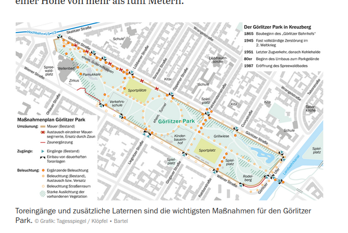 Lageplan des Görlitzer Parks mit geplanten Maßnahmen wie Zaunersatz, Toranlagen und zusätzlicher Beleuchtung, Grafik von Tagesspiegel.